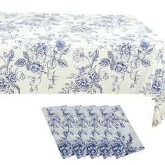 5-Pack Rectangular Plastic Tablecloths – White with Blue French Toile Pattern, PVC Waterproof Disposable Table Covers 54"x108"