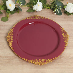 20-Pack Economy Plastic Round Charger Plates 13" in Burgundy with Gold Embossed Baroque Rim, Stylish Dinner Party Serving Plates