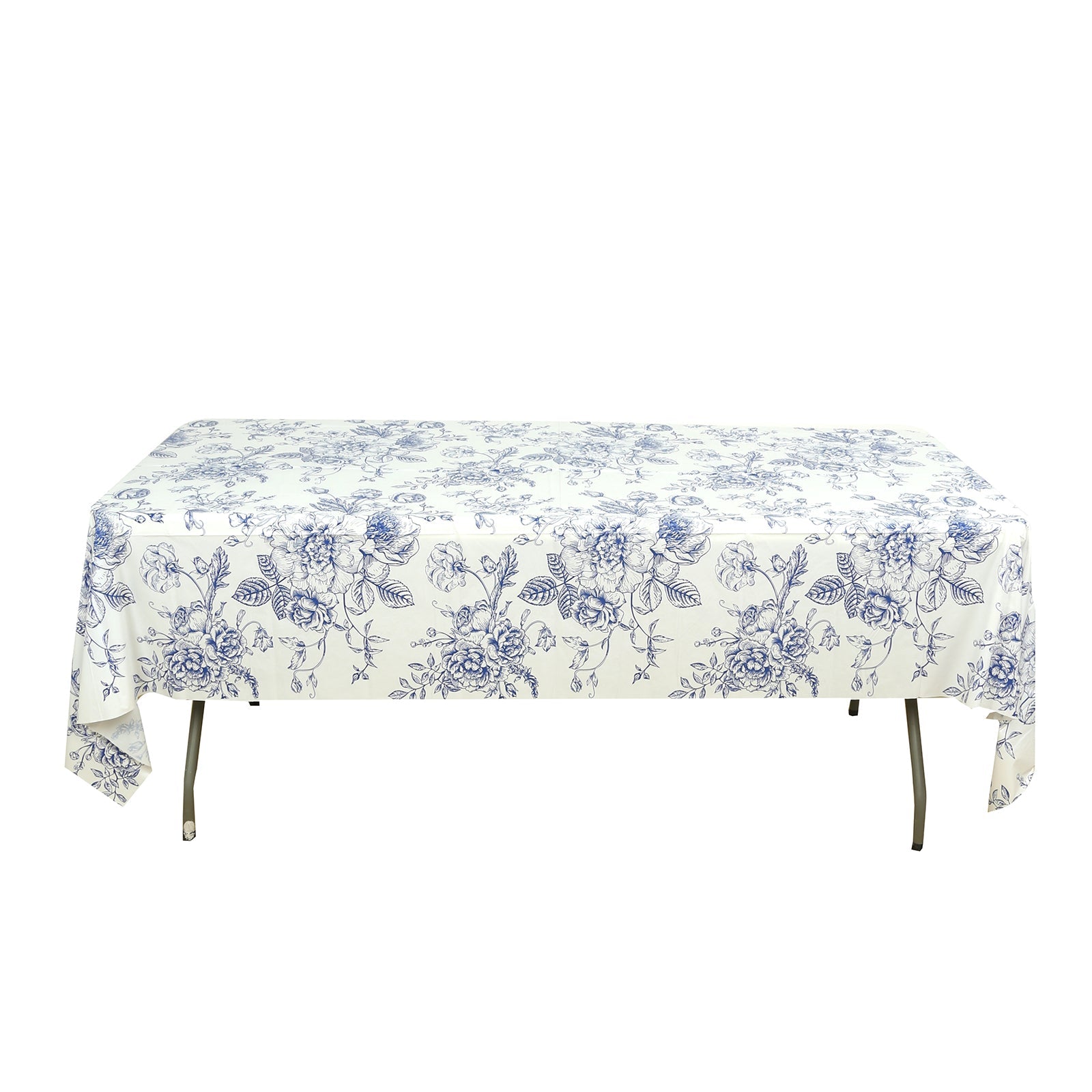 5-Pack Rectangular Plastic Tablecloths – White with Blue French Toile Pattern, PVC Waterproof Disposable Table Covers 54"x108"