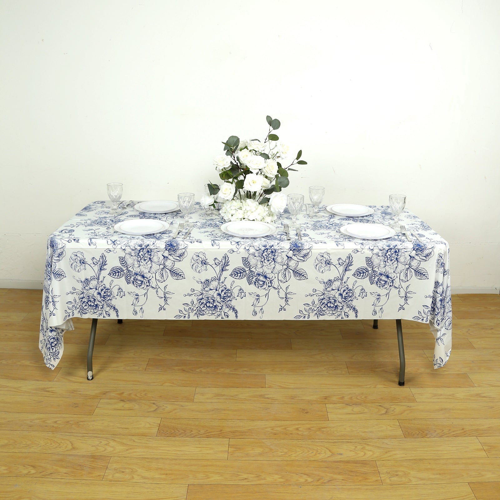 5-Pack Rectangular Plastic Tablecloths – White with Blue French Toile Pattern, PVC Waterproof Disposable Table Covers 54"x108"