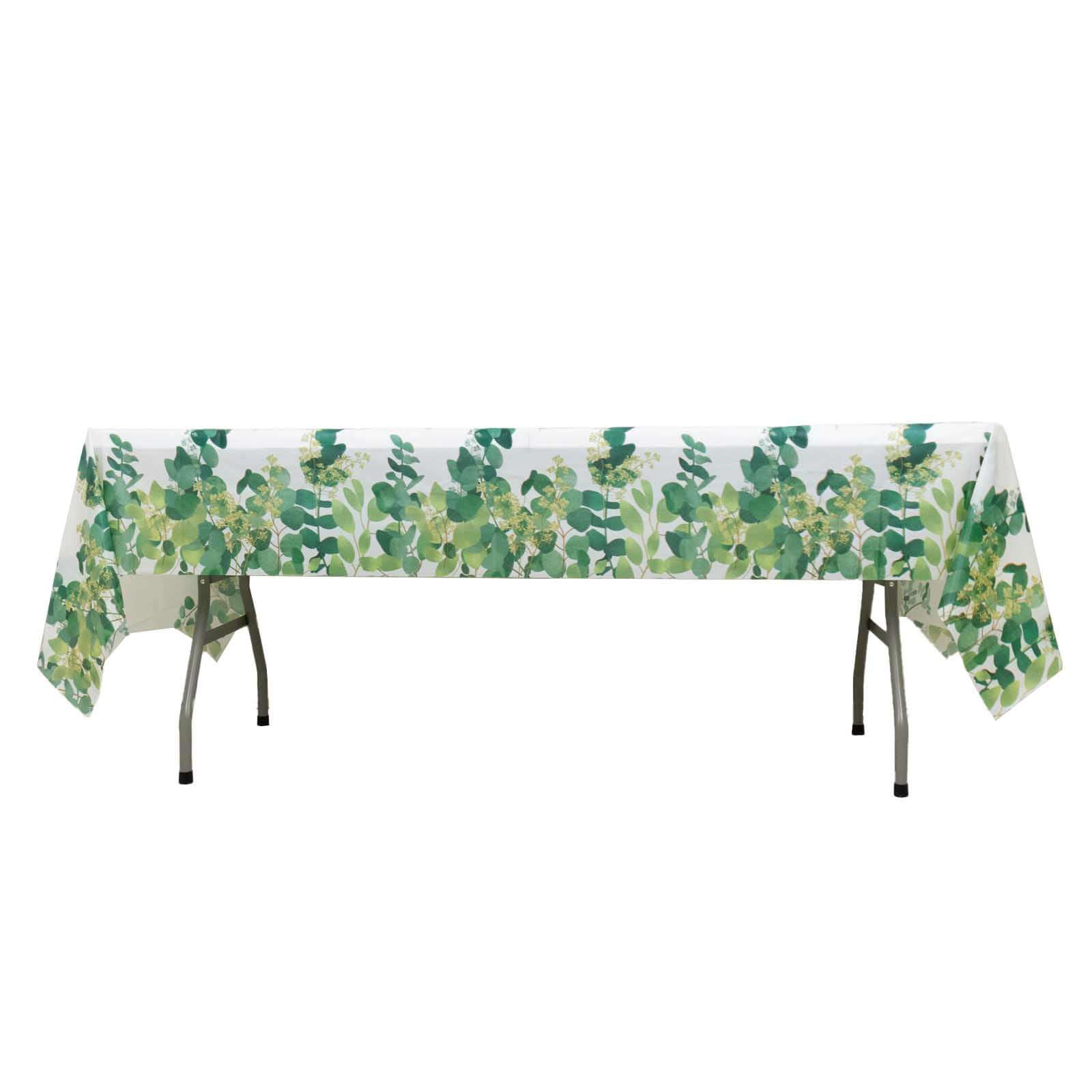 5-Pack Plastic Table Covers White/Green Rectangle with Eucalyptus Leaves Print - Decorative PVC Disposable Tablecloths 54"x108"