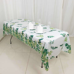 5-Pack Plastic Table Covers White/Green Rectangle with Eucalyptus Leaves Print - Decorative PVC Disposable Tablecloths 54"x108"