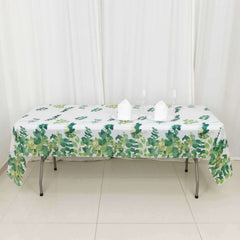 5-Pack Plastic Table Covers White/Green Rectangle with Eucalyptus Leaves Print - Decorative PVC Disposable Tablecloths 54"x108"