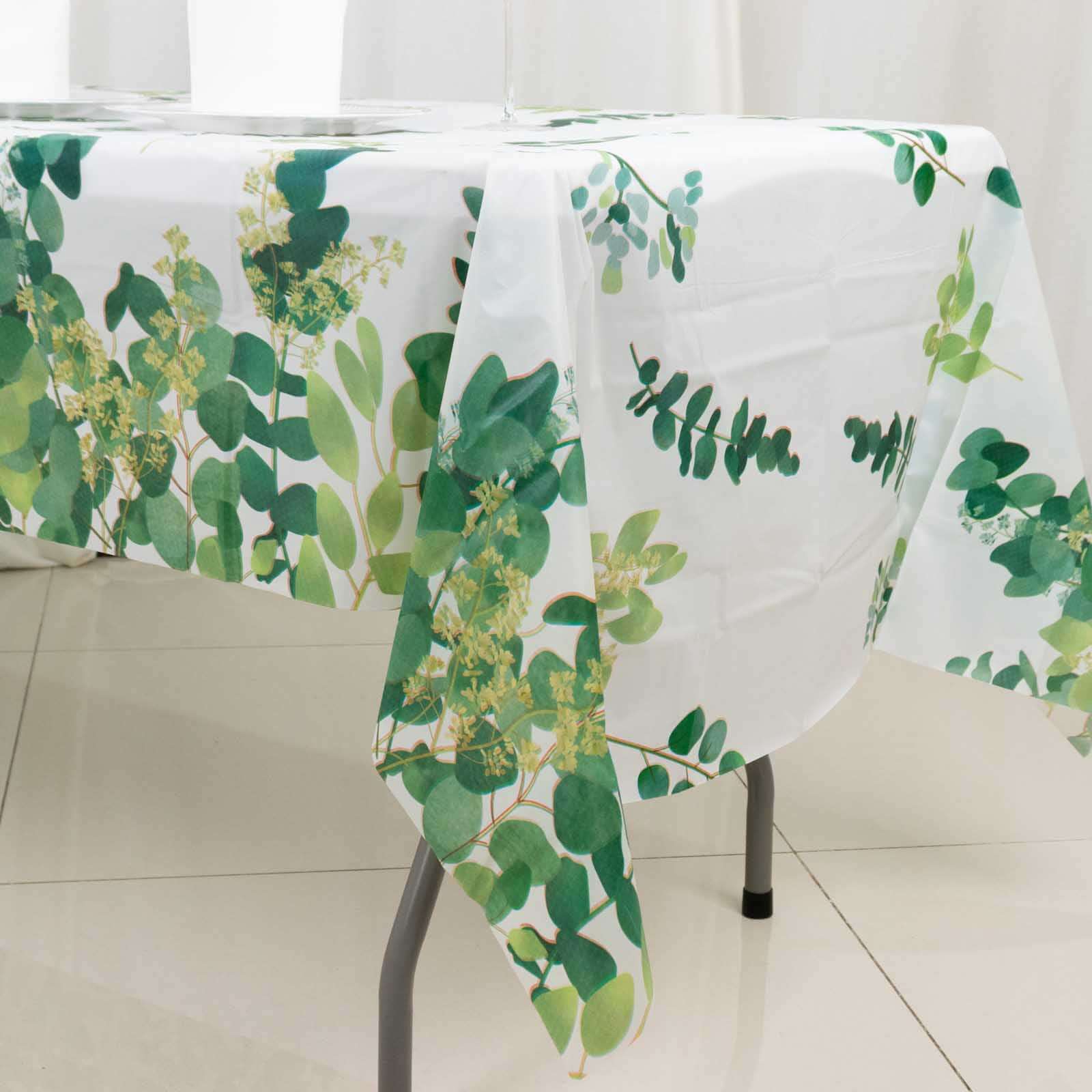 5-Pack Plastic Table Covers White/Green Rectangle with Eucalyptus Leaves Print - Decorative PVC Disposable Tablecloths 54"x108"